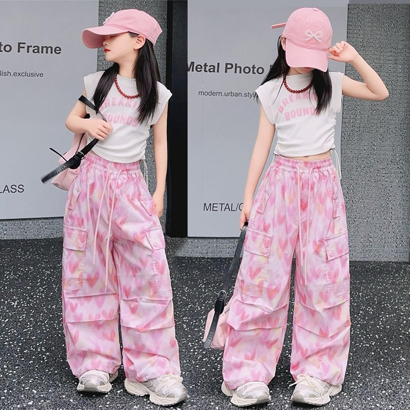 Girls Sweet Cool suit Summer 2025 New Korean Flying Sleeve T-shirt Thin Workwear Pants Western Style Two-piece Street Dance T