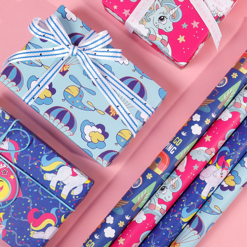 Papel de embalaje de dibujos animados Unicornio serie de papel de embalaje de regalos de cumpleaños para niños paquete de papel de embalaje ecológico