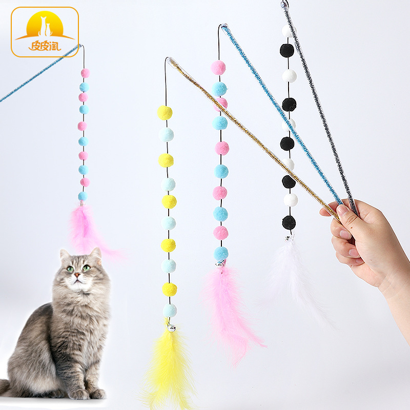 Pluma divertido gato palo color a juego pompom auto-Hi gato de juguete acrílico divertido gato varilla mascota gato de juguete suministros al por mayor