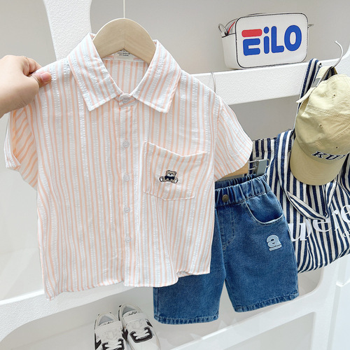 Boys' shirts summer baby boy short-sleeved shirts thin 2024 new children's summer clothes Korean style striped tops trendy