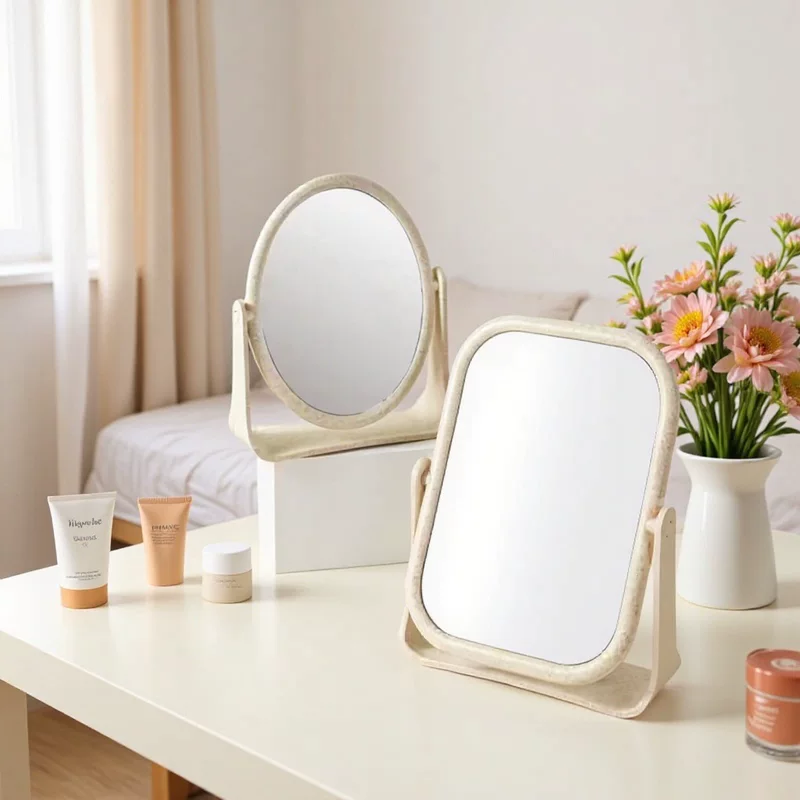 Desktop Makeup Mirror, European-style Wheat Straw Frame, Double-sided Rotatable, Round & Square