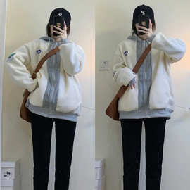 拼接连帽拉链羊羔毛绒外套女春秋冬百搭韩版宽松中长款上衣ins潮