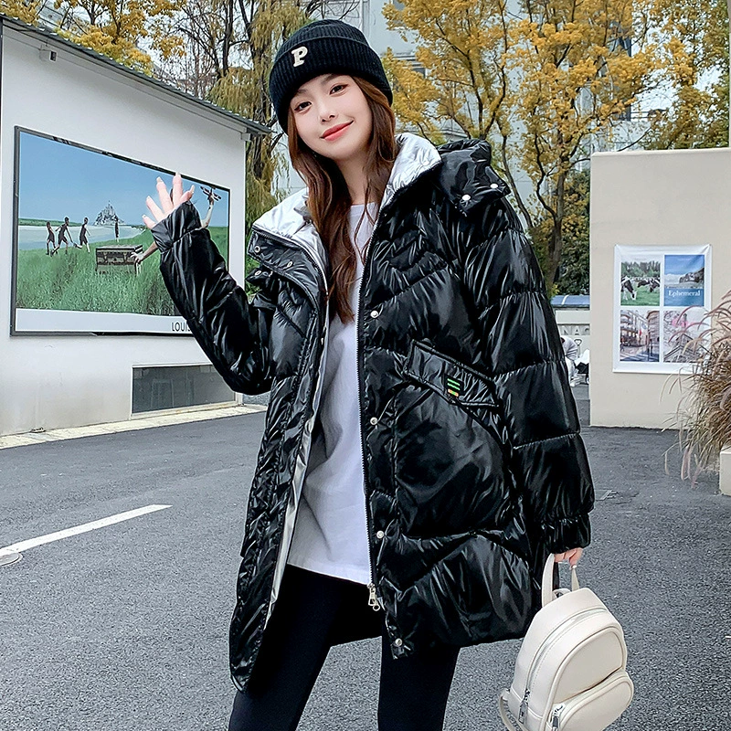 Long winter glossy fashionable down jacket with hood with down, mid-length, 2023, European style