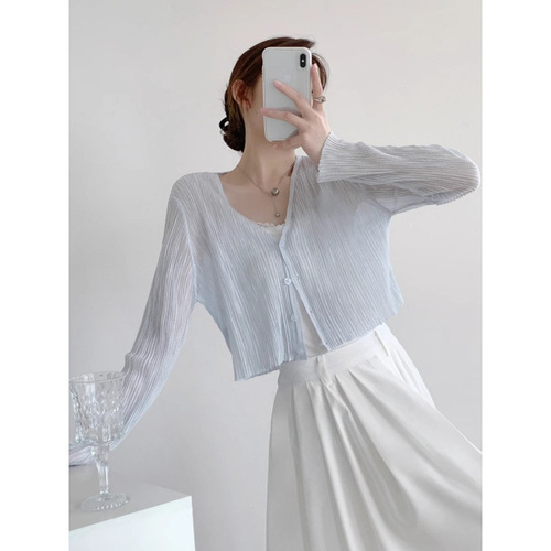 Sunscreen cardigan for women with thin suspender skirt summer short top bamboo joints ice silk with long sleeve collar blouse