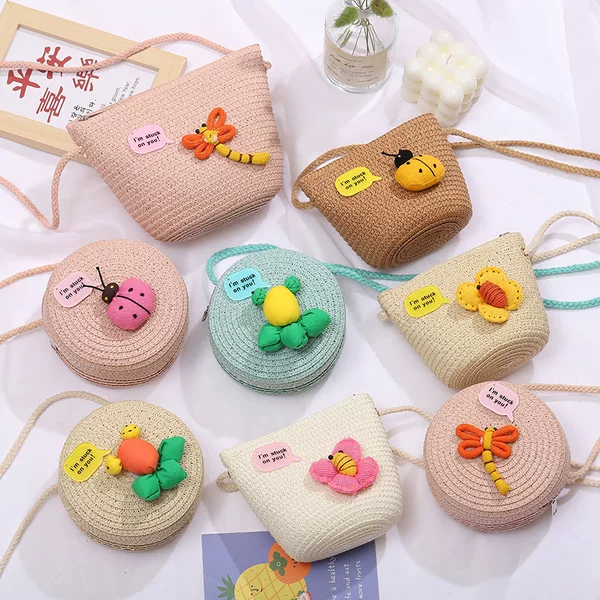 Children's Bags Women's Cute New 2025 Straw Bag Woven Small Round Bag Crossbody Girls Summer Mini Coin Purse