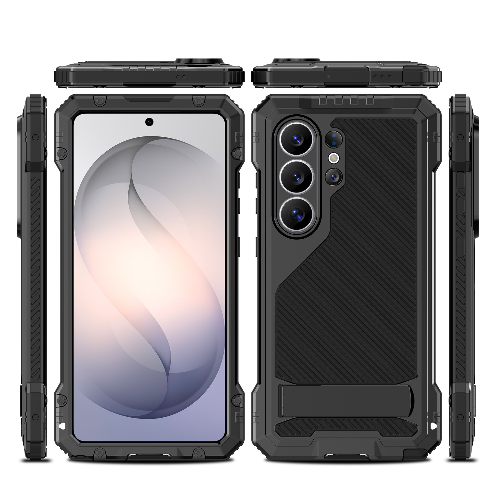 Ốp lưng kim loại chống sốc Samsung S24 S25 S26 Ultra có giá đỡ ẩn — Đen, Đỏ