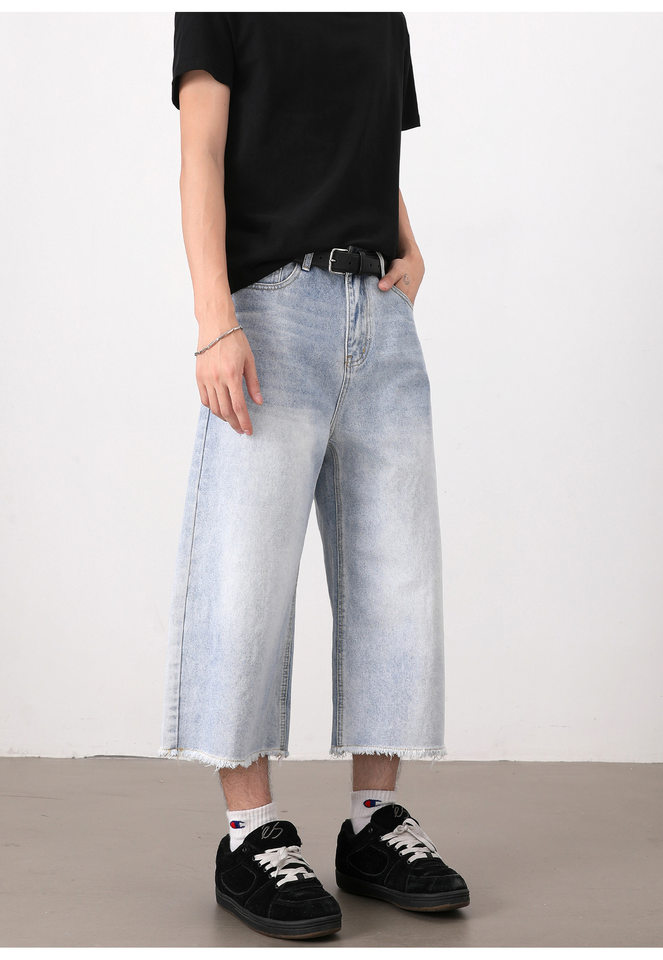 Quần short denim nam ống rộng dáng thẳng, kiểu Mỹ cổ điển, wash xước gấu, dài 8/10 — Màu xanh dương chi tiết 14