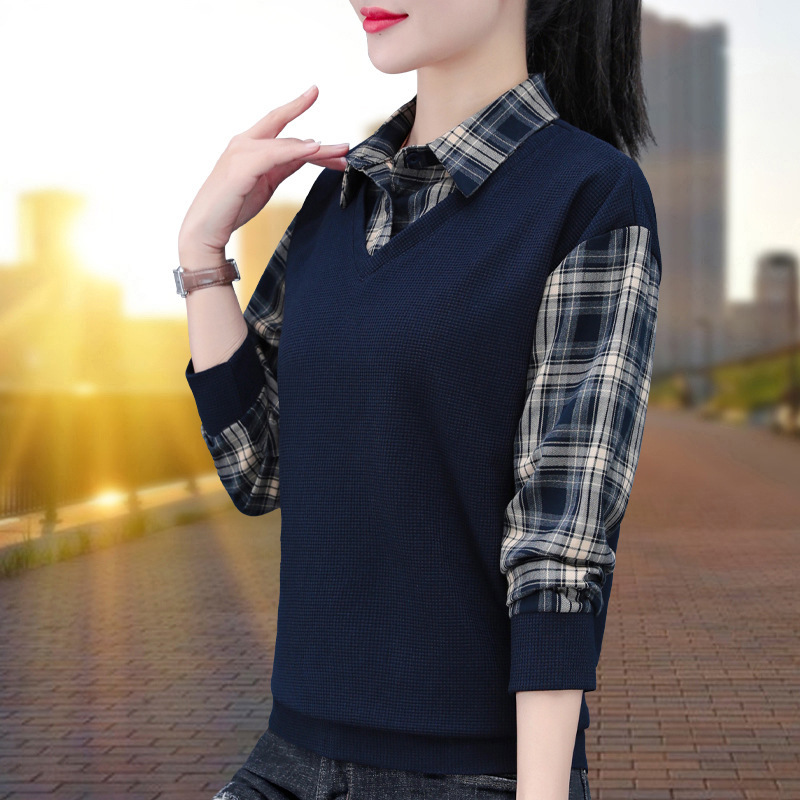 假两件衬衫女长袖春秋新中年妈妈洋气减龄针织遮肚显瘦打底衫上衣|undefined