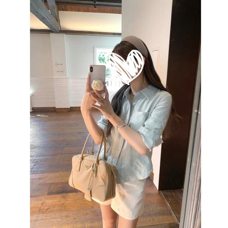 Ay Morning Mist Blue 100 Linen Commuting Casual Classic Right Shoulder Waist Tieable Quarter Sleeve White Shirt for Women
