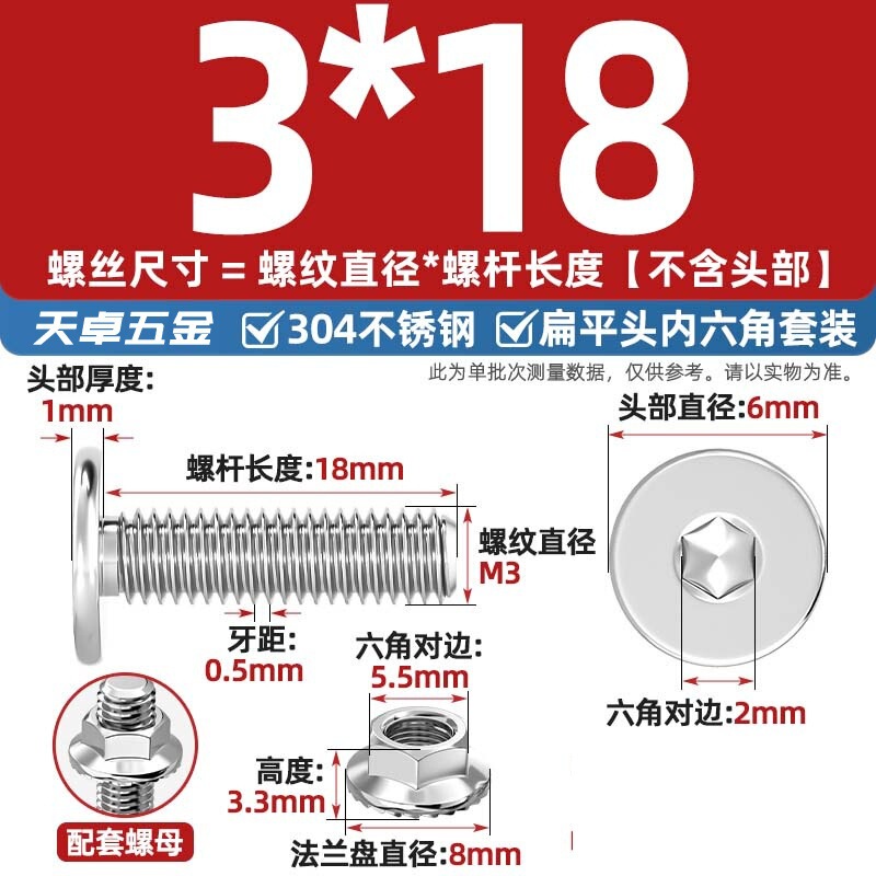 304不锈钢CM大平头超薄头C头扁平头内六角螺丝钉法兰边螺母套装M5|undefined