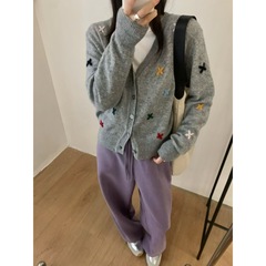 IN LETTER-立体手工彩色小花朵V领开衫保暖毛衣（含100羊毛）9520