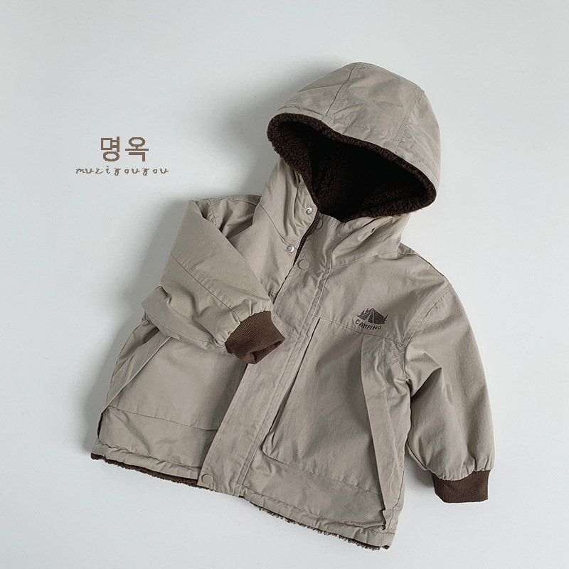 Doble cara ~ estilo coreano de los niños de algodón intercalado con chaqueta gruesa de lana para niños y niñas de invierno al aire libre de algodón japonés de moda