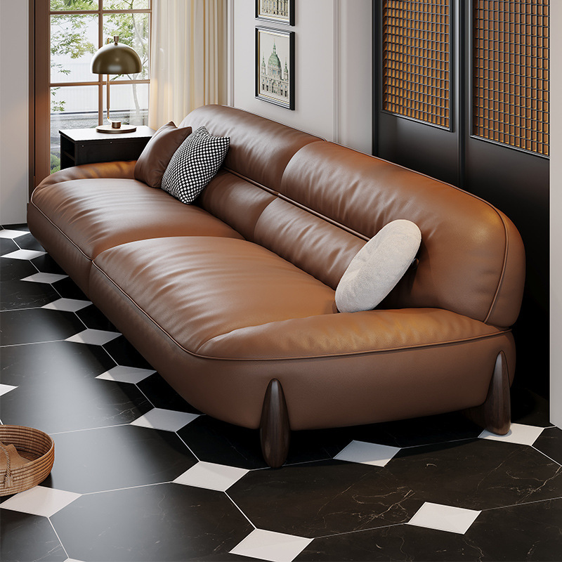 Arena de cuero real moderna simple y lujoso, esponja marrón de alta densidad, estilo de hogar pequeño, línea recta y lujoso.