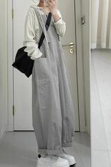 韩系设计感减龄休闲百搭长裤女夏季新款灰色直筒阔腿背带连体裤子