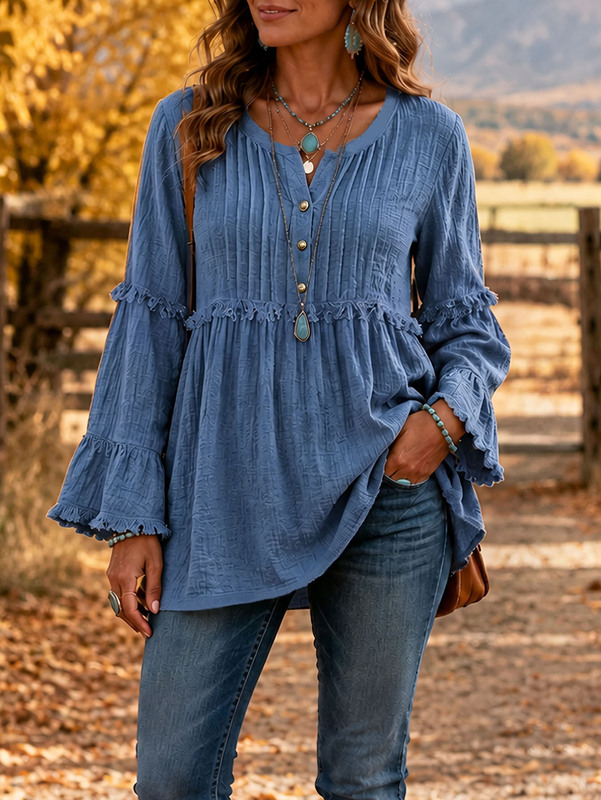 2026 European and American women's clothing Amazon independent site lace loose shirt tassel patchwork top button casual sweatshirt 2026 European and American women's clothing Amazon independent site lace loose shirt tassel patchwork top button casual sweatshirt