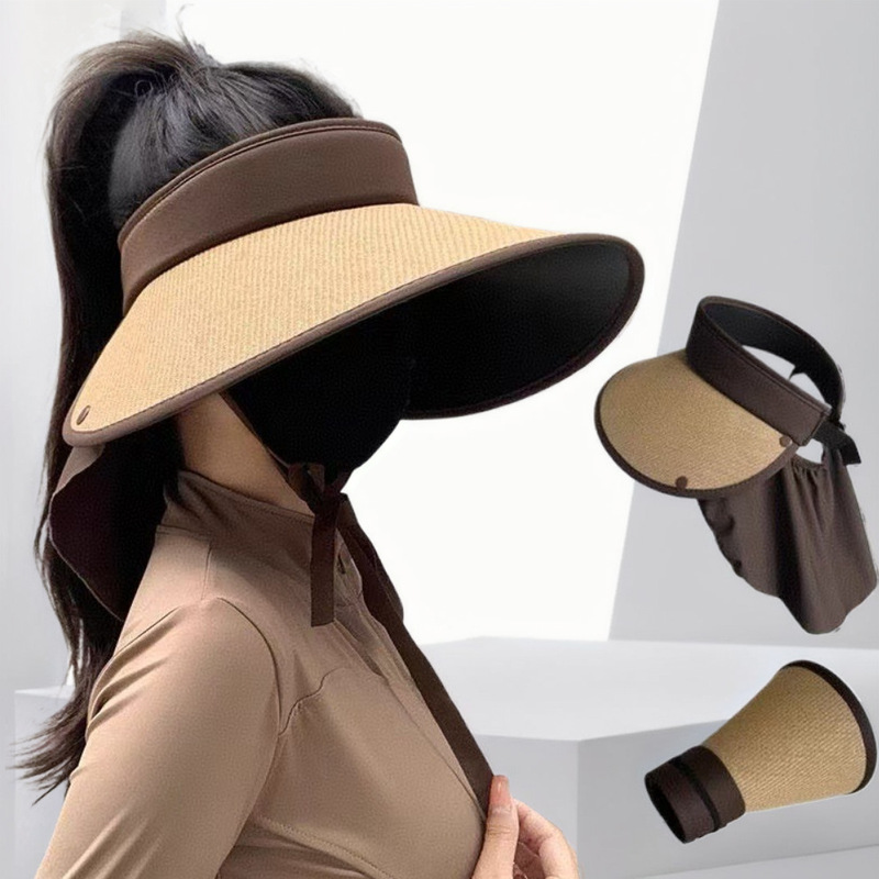 Black Rubber Empty Top Sunscreen Hat Women's Summer Anti-cycling Neck Protection Increased Hat Brim Straw Wrap-around Foldable Sunshade Hat
