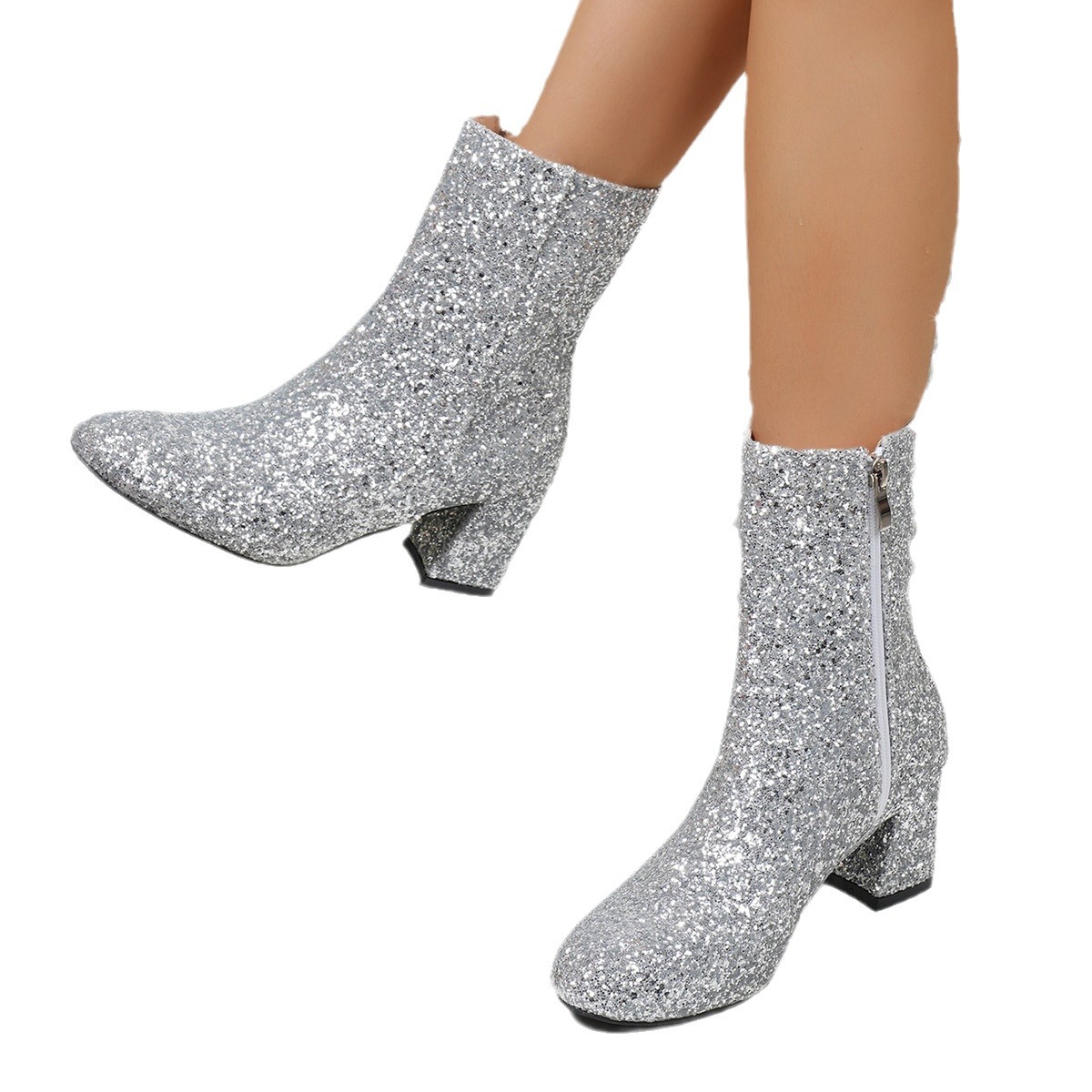 Glitter Glitter stage boots Ladies round toe chunky with Glitter Glitter Silver plus-size_voghion.com