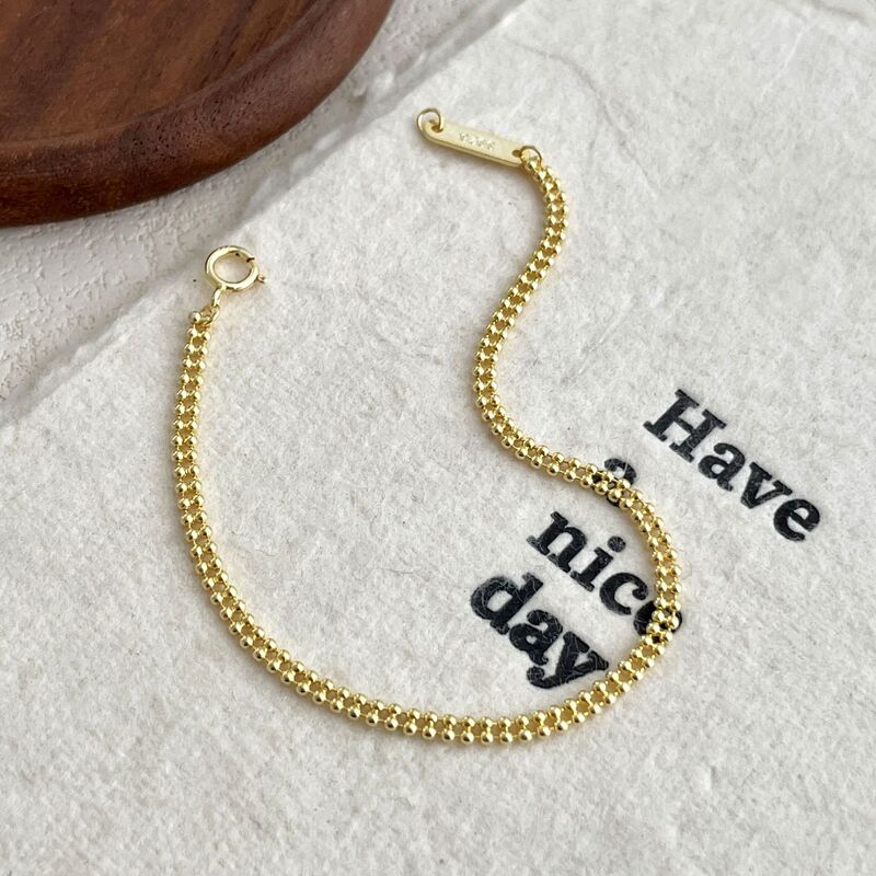 S925 Sterling Silver Plated with 18K Gold Basic Minimalist Sparkling Double-Layer Bead Chain Bracelet, Versatile for Everyday Wear and Can Be Layered
