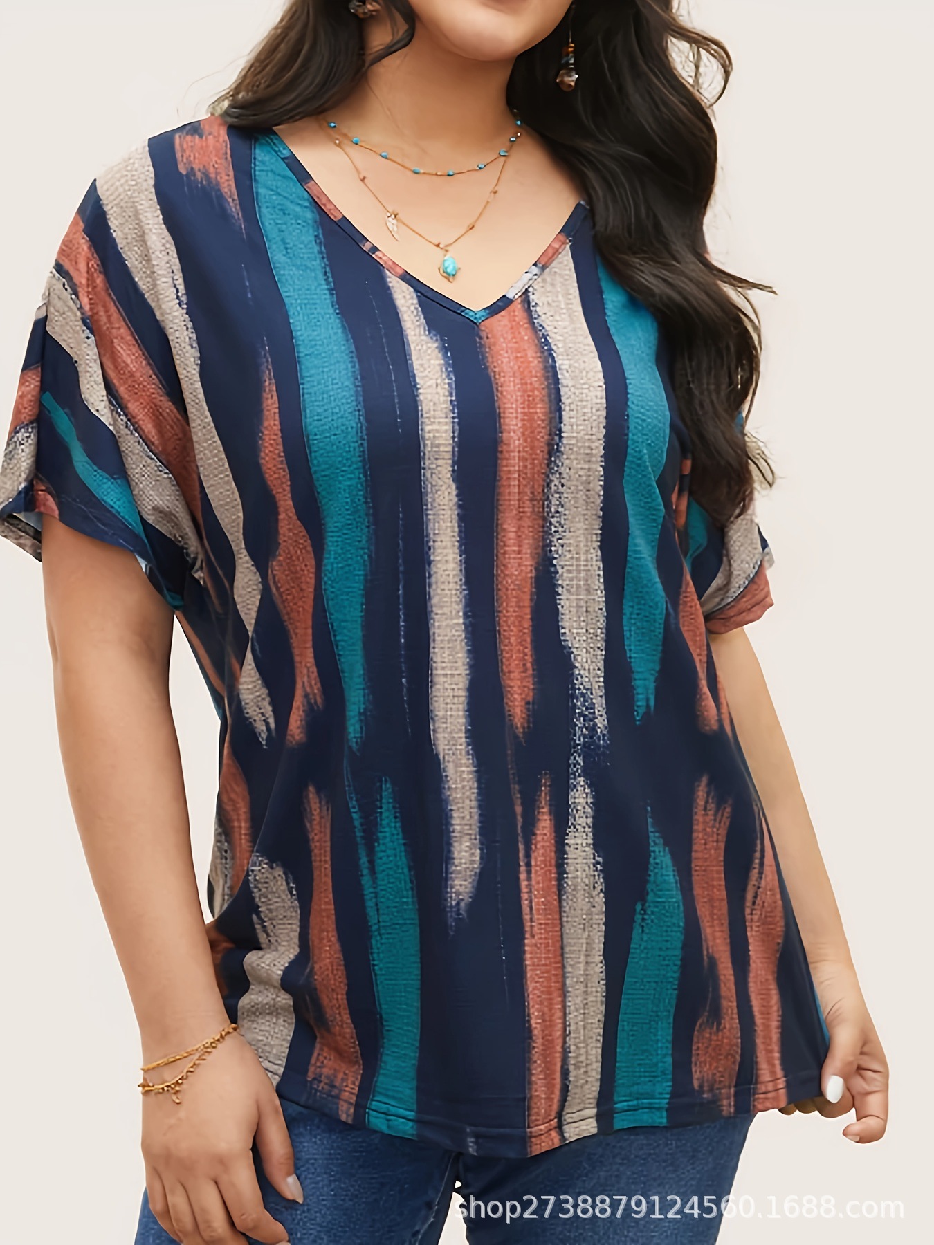 Europa y los Estados Unidos transfronterizos camisetas de tamaño grande para mujeres 2026 verano nuevo Amazon impresión casual suelta v-collar chaqueta de mujer