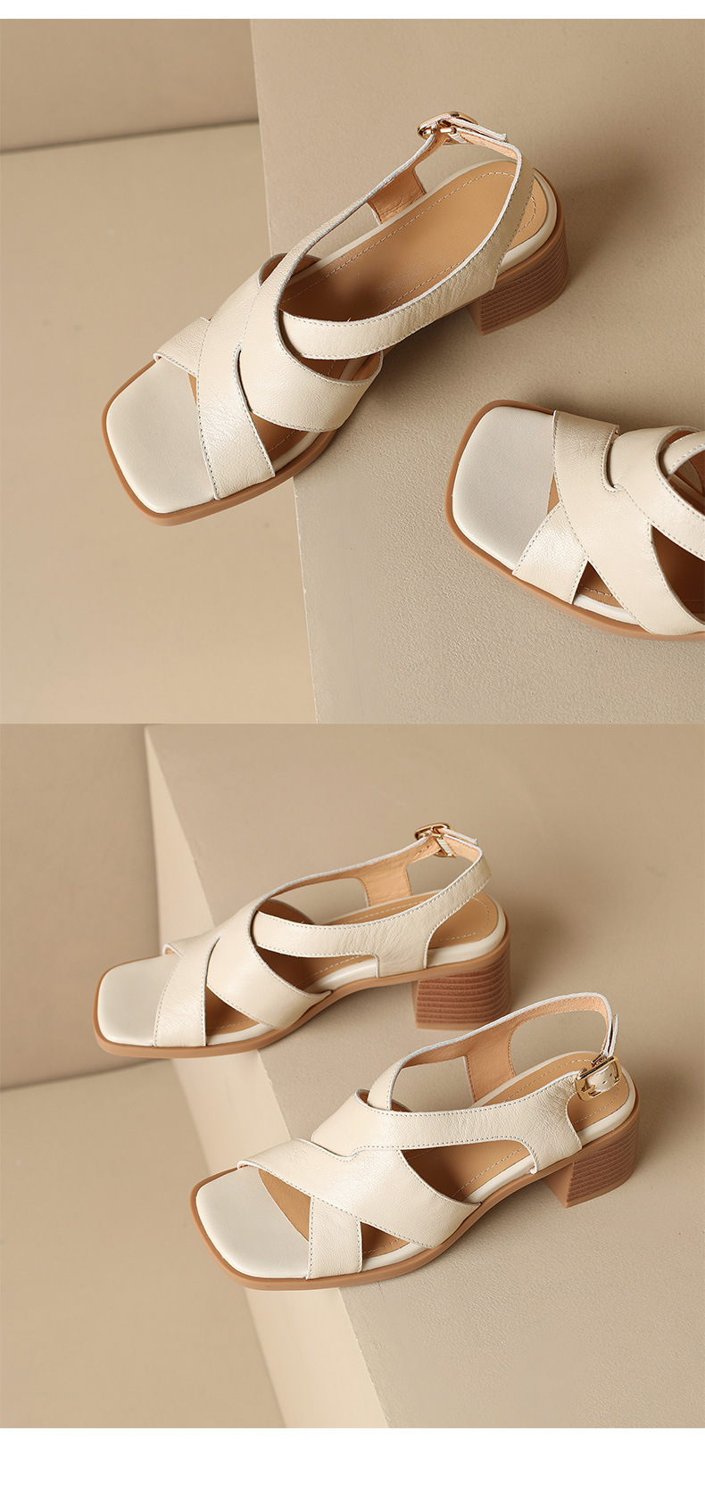 Sandal La Mã da cừu đan sọc rộng gót thô hở ngón — Màu camel chi tiết 18
