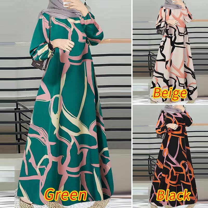 In-Stock Cross-Border New Style Printed Malay Dress with Full Sleeves and Round Neck, Long Gown, Factory Wholesale In-Stock Cross-Border New Style Printed Malay Dress with Full Sleeves and Round Neck, Long Gown, Factory Wholesale