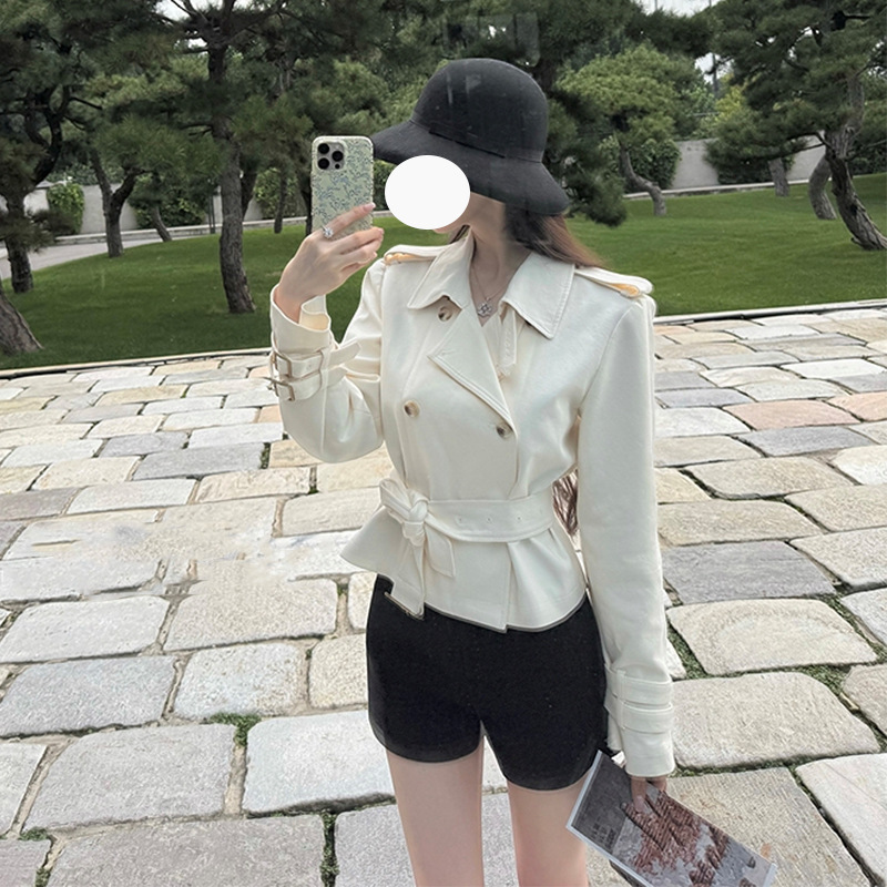 Right Shoulder Stand Collar British Style Short Windbreaker Jacket for Women Autumn Design Long Sleeve Waist Slimming Look Top + Skirt