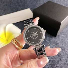 银色满钻黑盘女士韩版镶钻石英表个性图案表盘陶瓷钢带潮流腕表