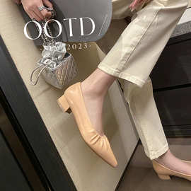 超软中单鞋粗跟高跟鞋2025新款低跟浅口工作鞋春秋尖头真皮女鞋