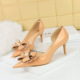 638-AH13 Banquet High Heel Shiny Lacquer Leather Shallow Mouth Pointed Side Cut Pearl Rhinestone Bow Tie Single Shoe