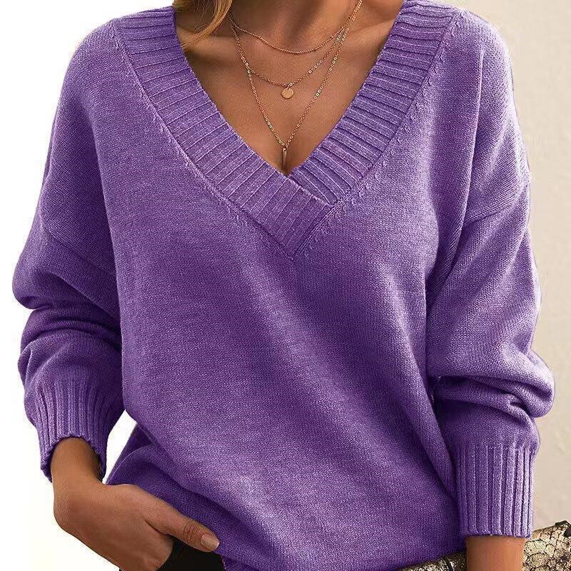 W 85091 V Neck Loose Fit Sweater Loose V-Neck Sweater Cross-Border European and American Market W 85091 V Neck Loose Fit Sweater Loose V-Neck Sweater Cross-Border European and American Market