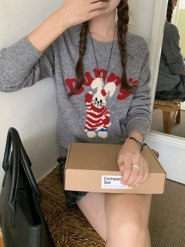 新款秋冬纯羊毛衫女圆领可爱卡通提花小兔兔针织打底宽松简约毛衣|undefined