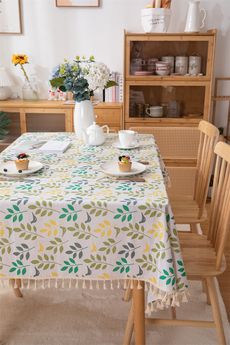 Tovaglia transfrontaliera in poliestere-cotone con nappe e stampa a foglie, tovaglia rettangolare da pranzo, tavolino da caffè_voghion.com