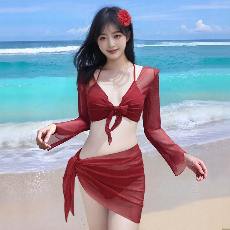 Traje de baño dividido con protector solar de manga larga para mujer, bikini sexy de cuatro piezas, traje de baño de vacaciones conservador y delgado