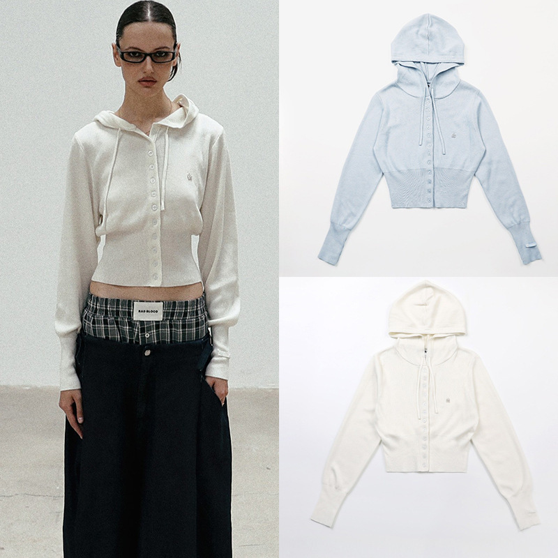 Badblood American White Hooded Knitwear Sexy Casual Retro Short Long-Sleeved Cardigan Knitwear Jacket for Women Badblood American White Hooded Knitwear Sexy Casual Retro Short Long-Sleeved Cardigan Knitwear Jacket for Women