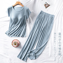 莫代尔宽螺纹家居服女免文胸短袖长裤睡衣套装两件套一件代发透气
