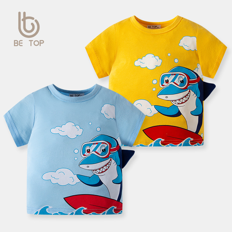 2024 nuevo patrón de tiburón de dibujos animados Camiseta de manga corta para niños verano bebé superior algodón entrega de una pieza