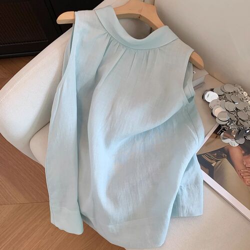 Light Blue Collar Korean Style Sleeveless Blouse Women's 2025 Summer Loose Fitting Slimming Korean Style Simple Style Backless Top