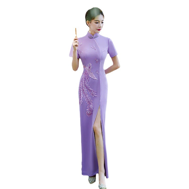 Фиолетовый Cheongsam 2024 новый халат с диагональной вилкой длинный cheongsam ретро молодой традиционный древний метод исполнения cheongsam