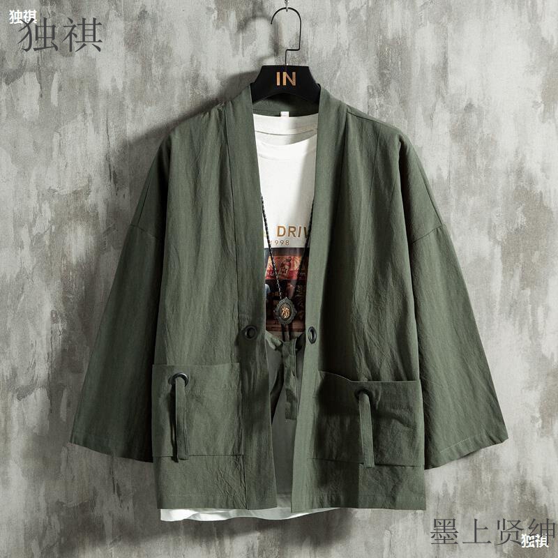 Summer Chinese-style Feather Weaving Robe Men's Hanfu Cardigan Cotton Linen Japanese-style Kimono Linen Cropped Sleeve Shirt fleece-lined