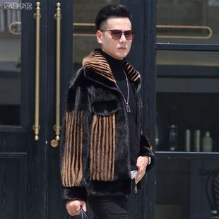 Bright Red Brown Lapel Mink Outwear Men's Whole Mink Fur Outwear Casual Motorcycle Style