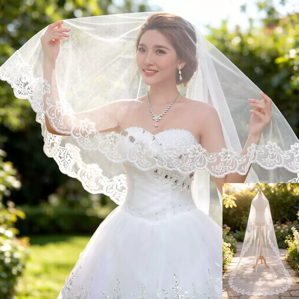 法式复古蕾丝花边礼服头纱新娘主婚纱拖尾结婚盖头工厂直销婚礼