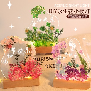 Women's Day Nightlight Handmade Dried Flower DIY Material Glass Painting Table Card Eternal Flower Glass Cover Ornaments