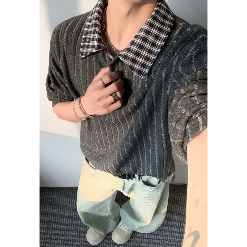 Korean-style Plaid Turn-down Collar Long-sleeve T-shirt For Men, Spring Cleanfit Youthful Look, American-style_voghion.com