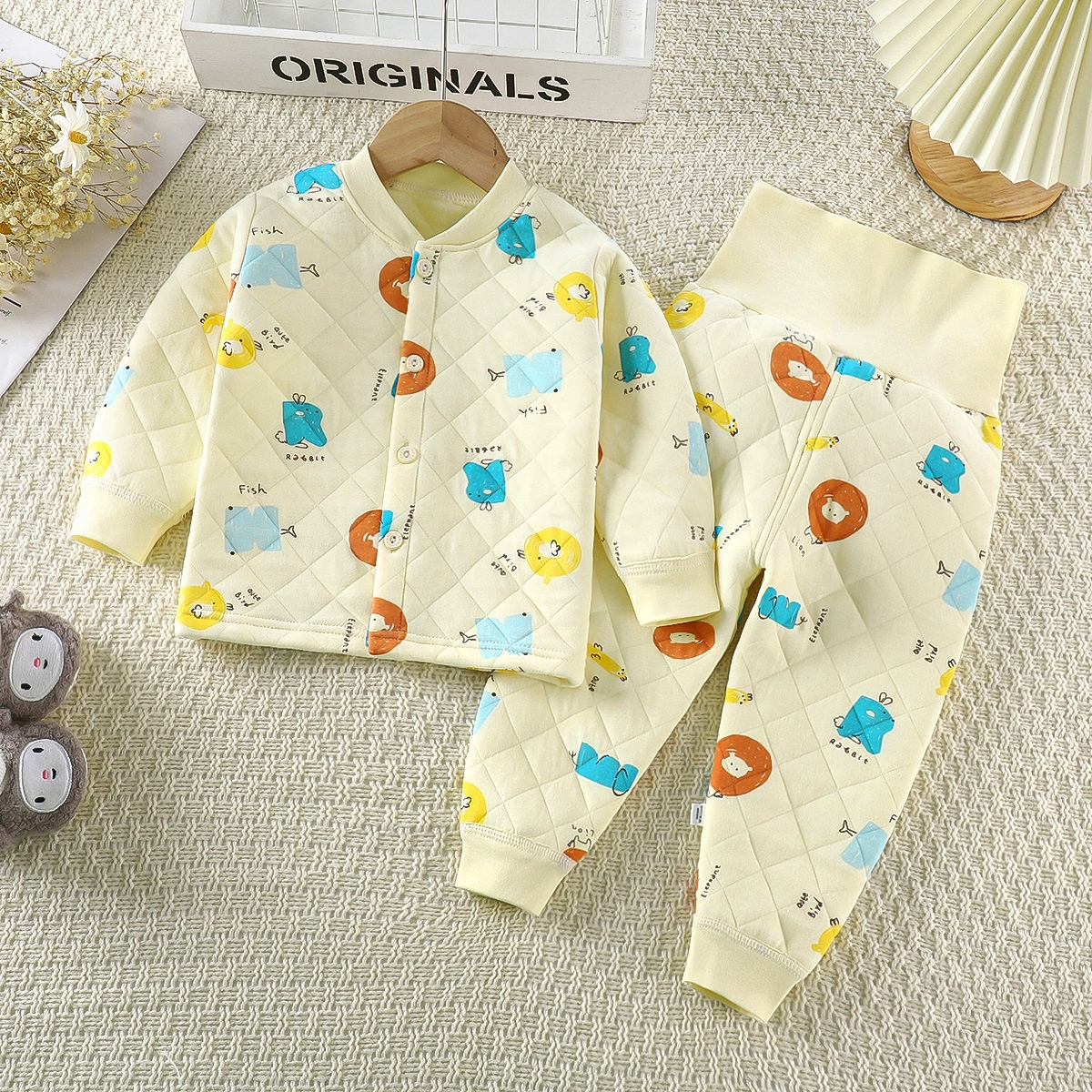 Children's keep warm set, cardigan, umbilical bandage, thermal underwear, increased thickness, high waist