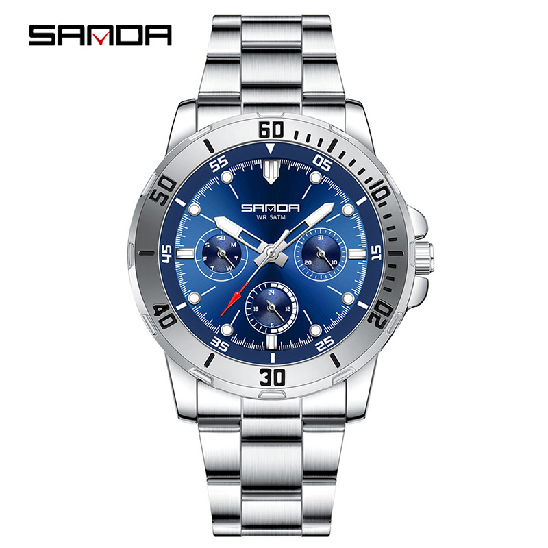 SANDA comercio exterior piel de camarón venta caliente reloj hombre de alta gama impermeable multifunción cronógrafo negocio acero con reloj de cuarzo para hombre