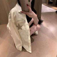 Цветочный принт Цветочная пятиугольная звездная рубашка джинсовая куртка женская весна 2025 новый ленивый свободный средний длинный