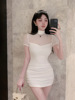 Mesh splicing slim fit waist wrap buttocks short sleeved high-end exquisite dress