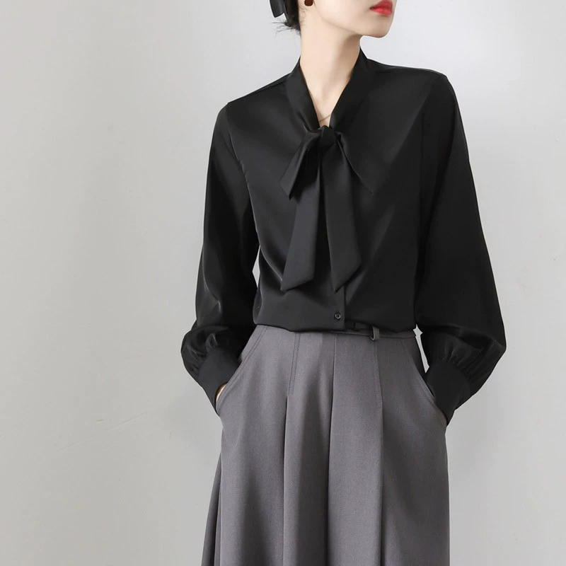 YS8 настоящая атласная черная рубашка женская весенняя с длинным рукавом рабочая одежда профессиональная рубашка элегантный топ с бантом и лентой