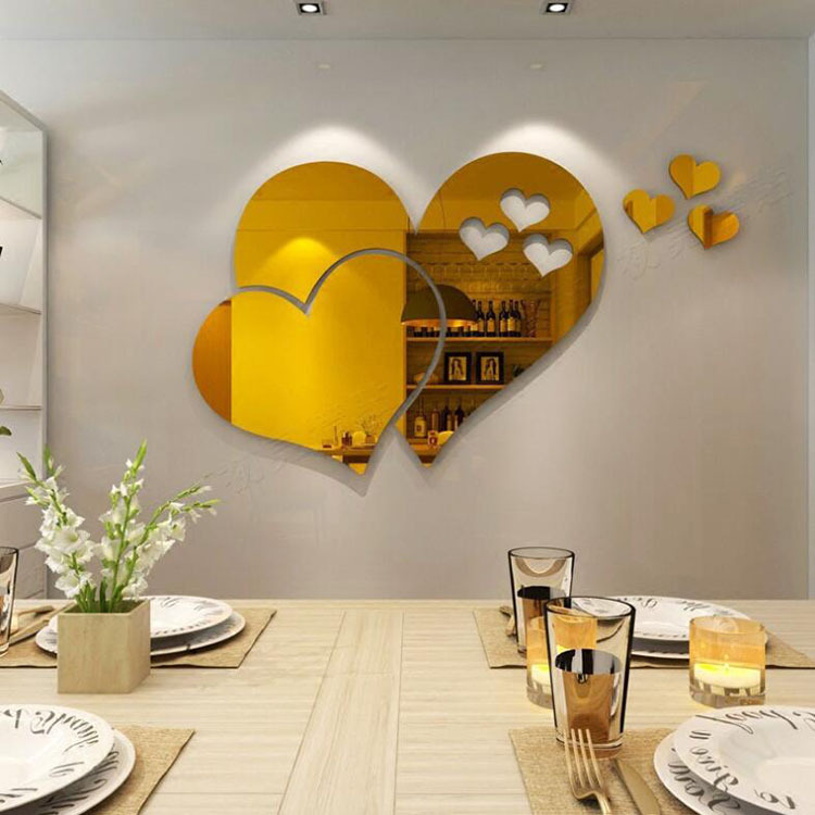 Espejo acrílico decorativo autoadhesivo, diseño 3D con forma de corazón, pegatina para pared, decoración DIY para el hogar