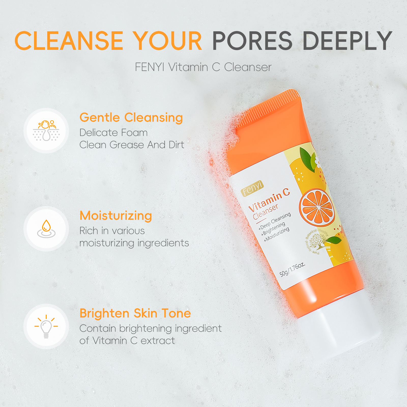 Wholesale fenyi Vitamin C Facial Cleanser 50g from the manufacturer for pore cleansing, hydration and moisturizing, cross-border undefined
